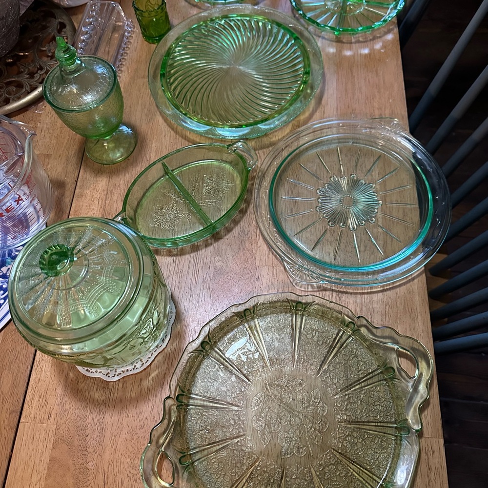 Vintage Green Depression Glass Serving Plates and Covered Dish